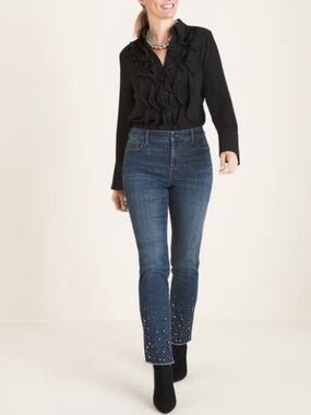 Chico’s So Slimming Faux Black Pearl Embellished Girlfriend Ankle Jeans Size 10